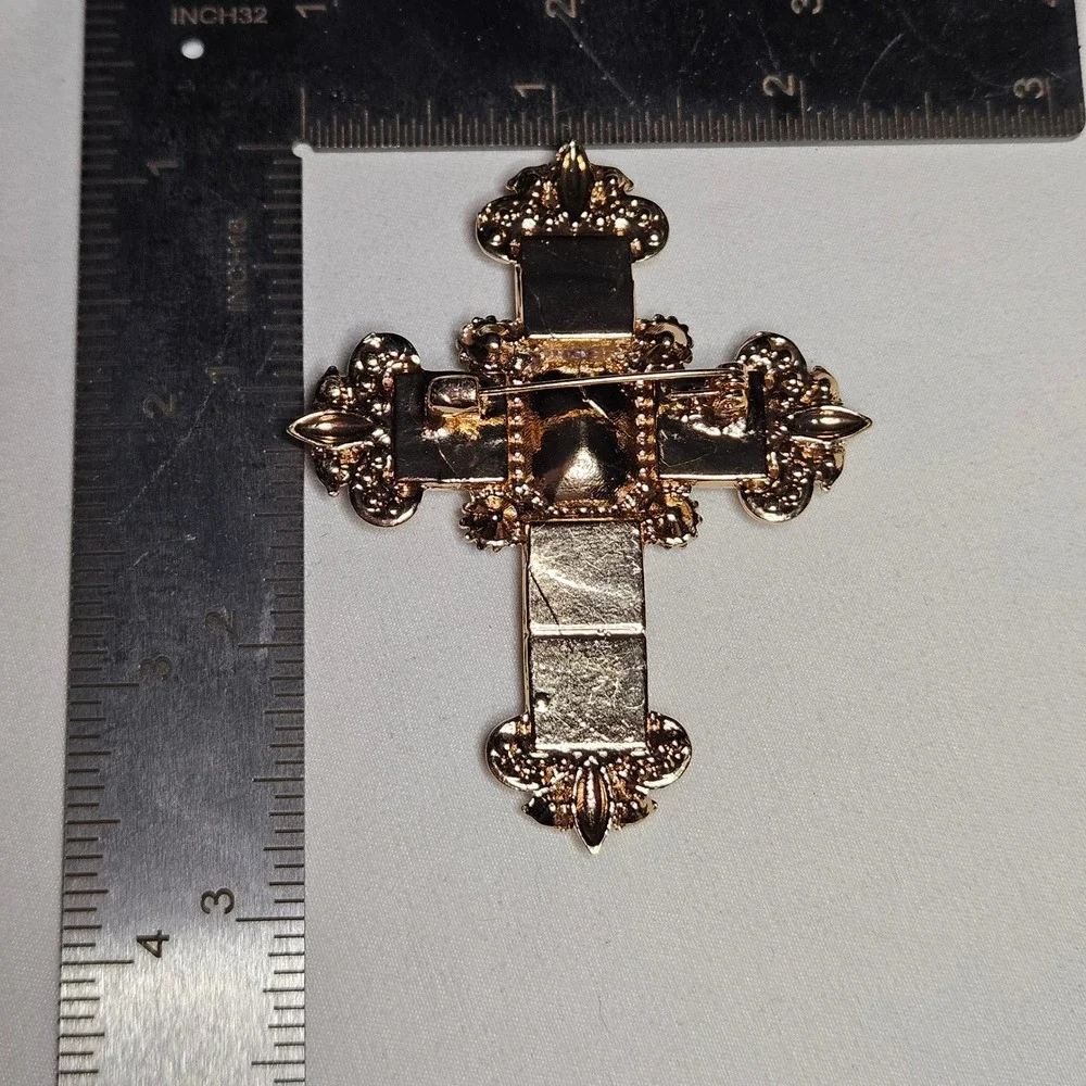 Cross Brooch Women OS Gold Tone Byzantine Renaissance Amber Rhinestone